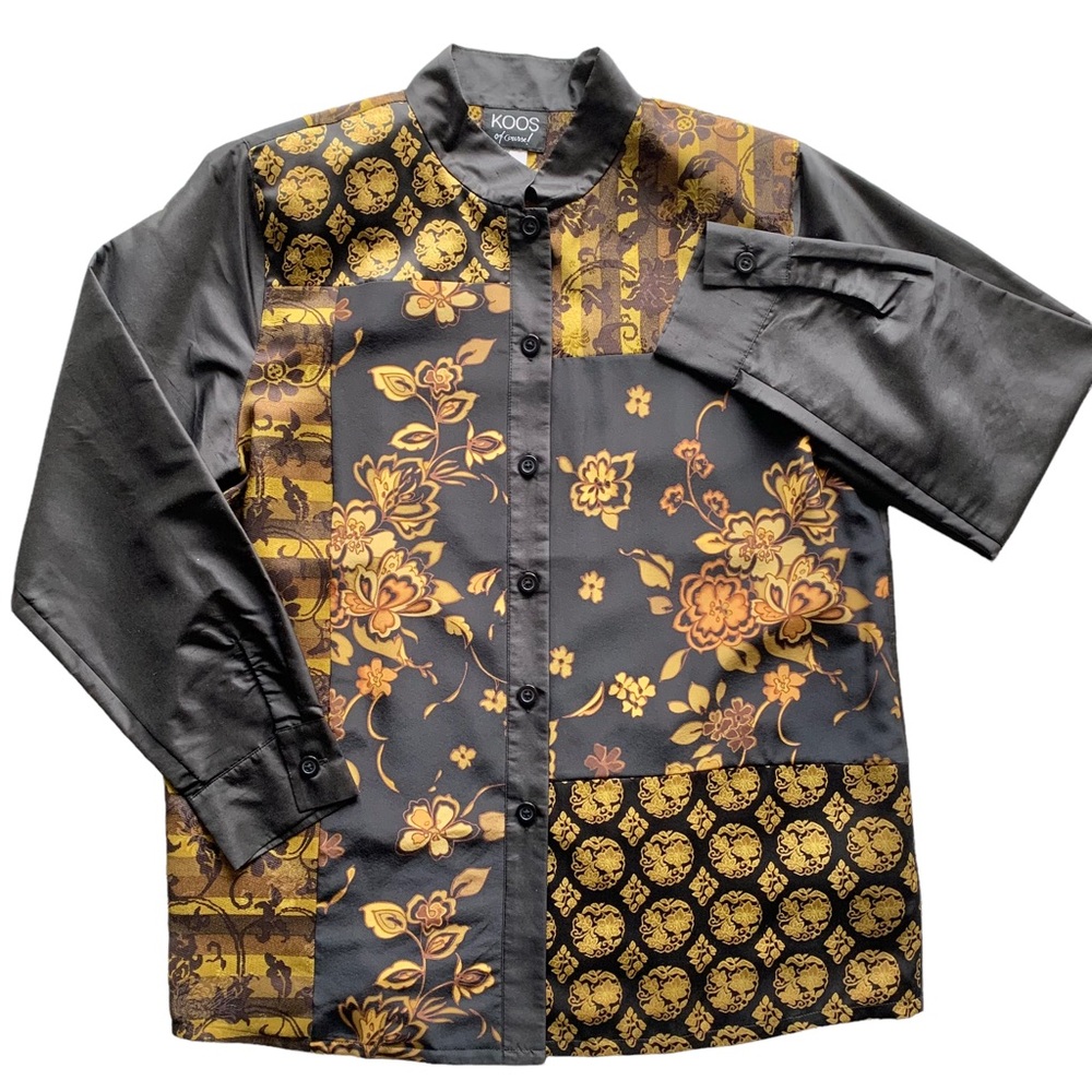 Koos of Course! Vintage Silk Colorblock Floral Madarin Collar Shirt